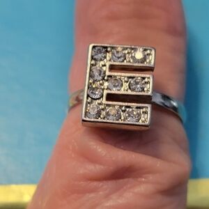 Crystal Initial "E" Ring - Silver Tone